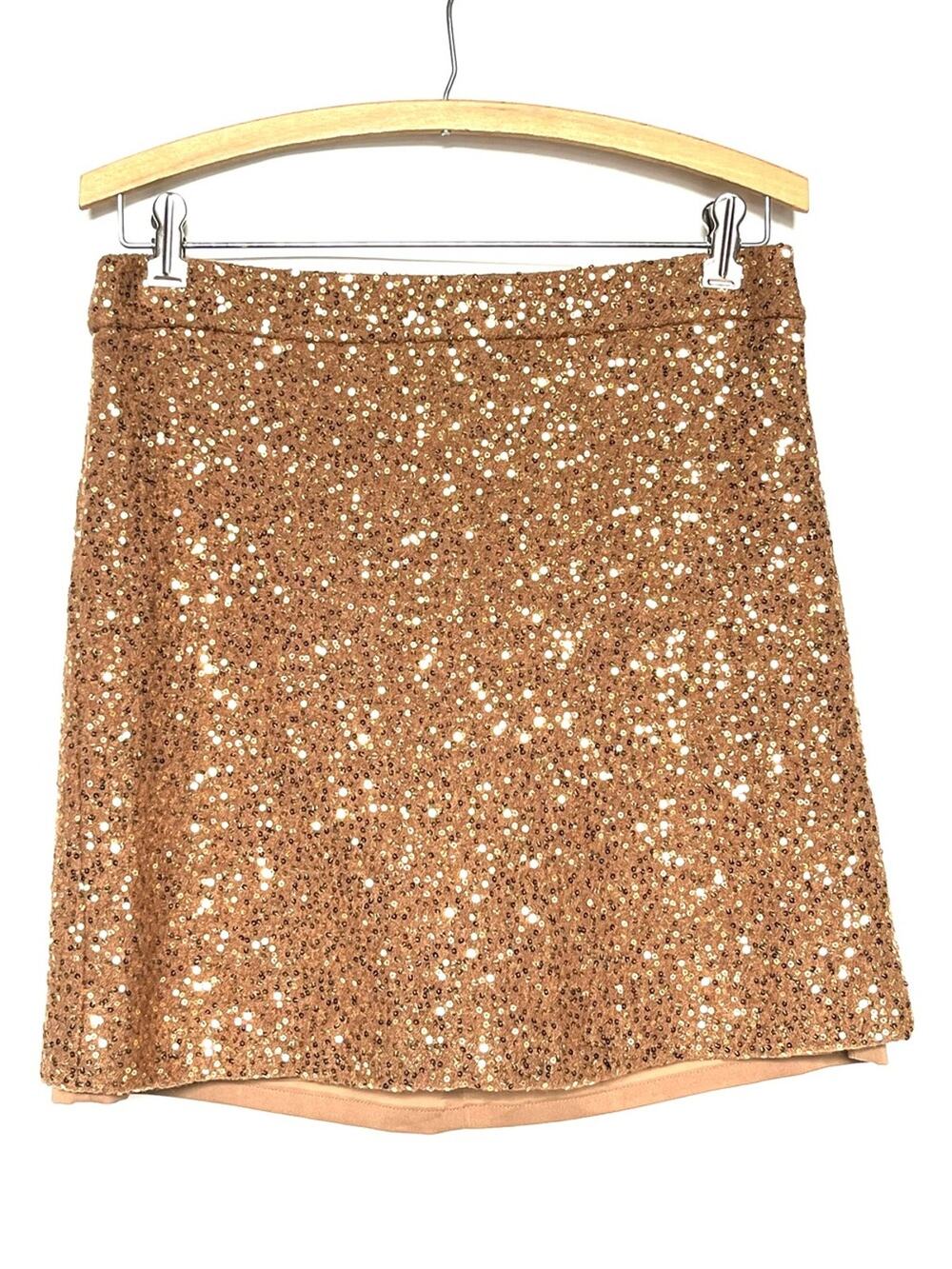 Ann Taylor Loft Sequin Mini Skirt Neutral Tan Brown Wool Gold Sequins Sz 4